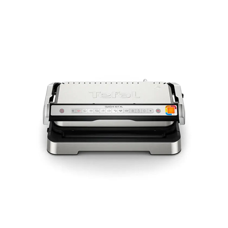 Električni roštilj Tefal OptiGrill 4u1 XL Omega, površina za pečenje, crni metal, prikaz kontrole i pečenja.