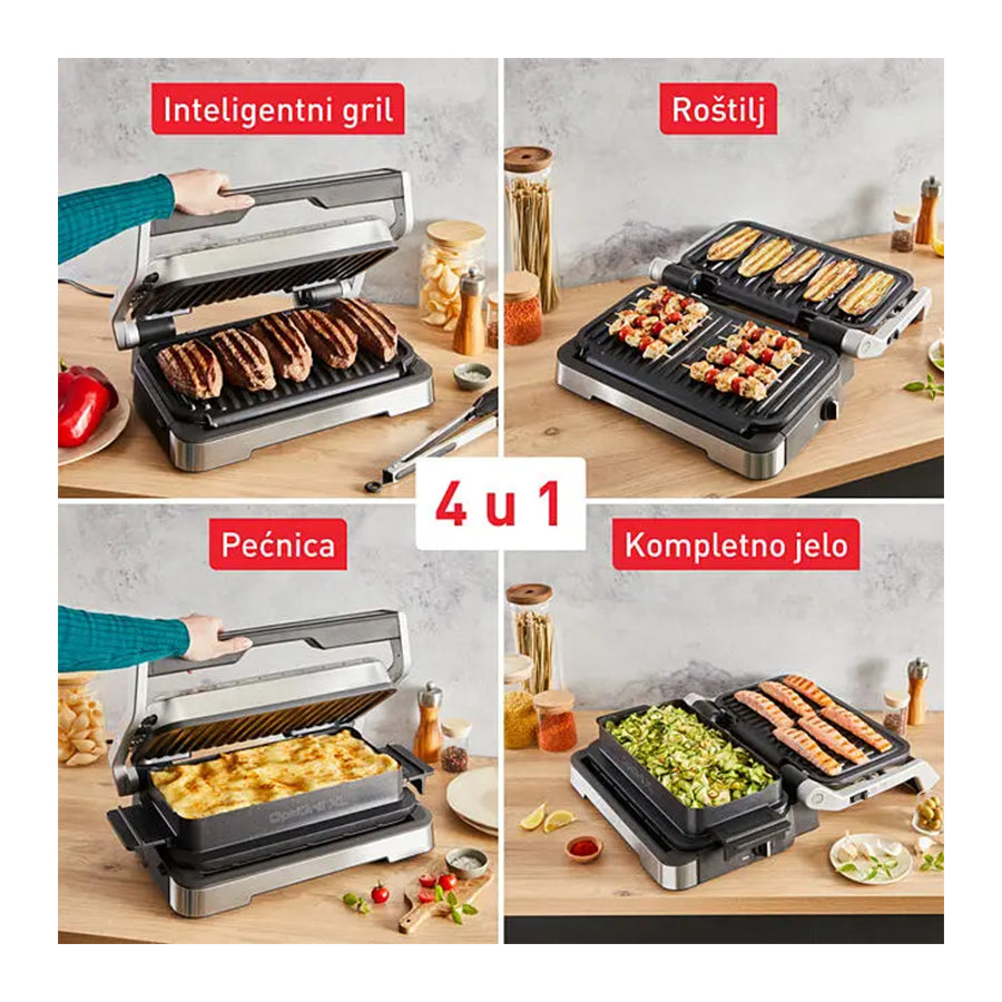 Električni roštilj Tefal OptiGrill 4u1 XL GC784D30 s velikom površinom za pečenje, prikazan na slici.
