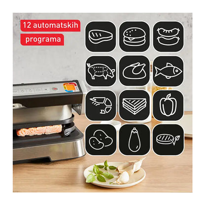 Električni roštilj Tefal OptiGrill 4u1 XL od Omega, s velikom površinom za pečenje i modernim dizajnom.