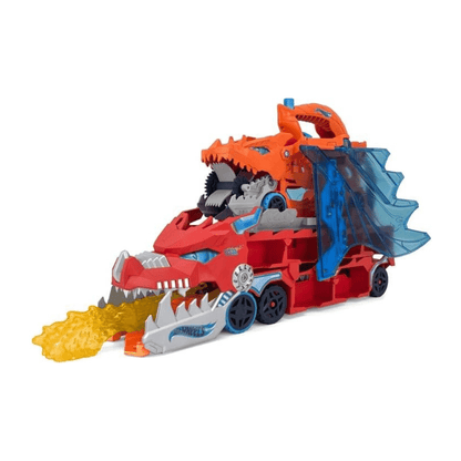Hot Wheels Dual Dragon Transporter – staza sa zmajem, lansiranje 2 auta i skladištenje 20+ autića