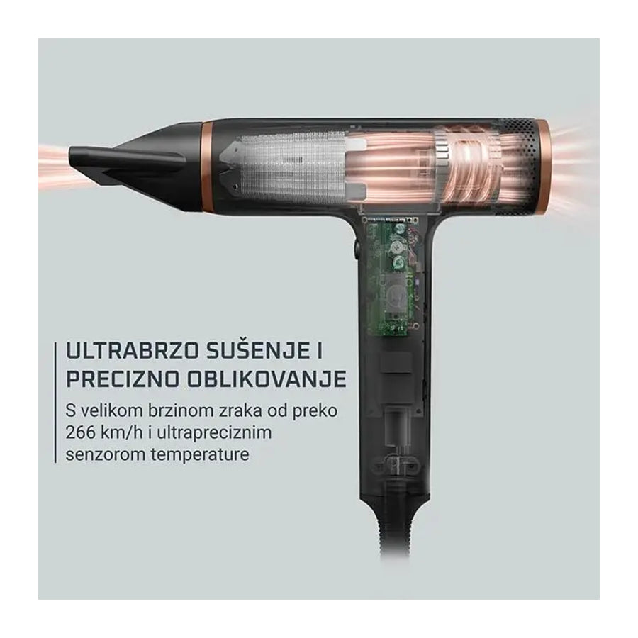 Ionski fen za kosu Rowenta Nano HY8310F0 od 1700 W, prikazan na slici, s dugmadima i ergonomskim dizajnom.