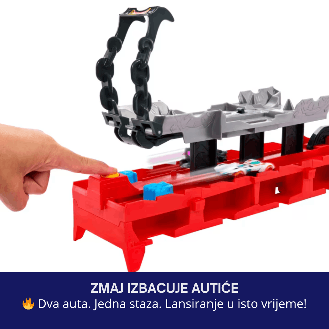 Hot Wheels Dual Dragon Transporter – staza sa zmajem, lansiranje 2 auta i skladištenje 20+ autića