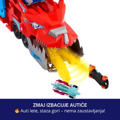 Hot Wheels Dual Dragon Transporter – staza sa zmajem, lansiranje 2 auta i skladištenje 20+ autića