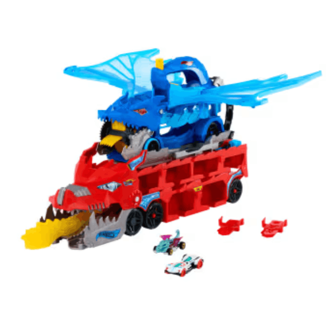 Hot Wheels Dual Dragon Transporter – staza sa zmajem, lansiranje 2 auta i skladištenje 20+ autića