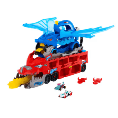 Hot Wheels Dual Dragon Transporter – staza sa zmajem, lansiranje 2 auta i skladištenje 20+ autića