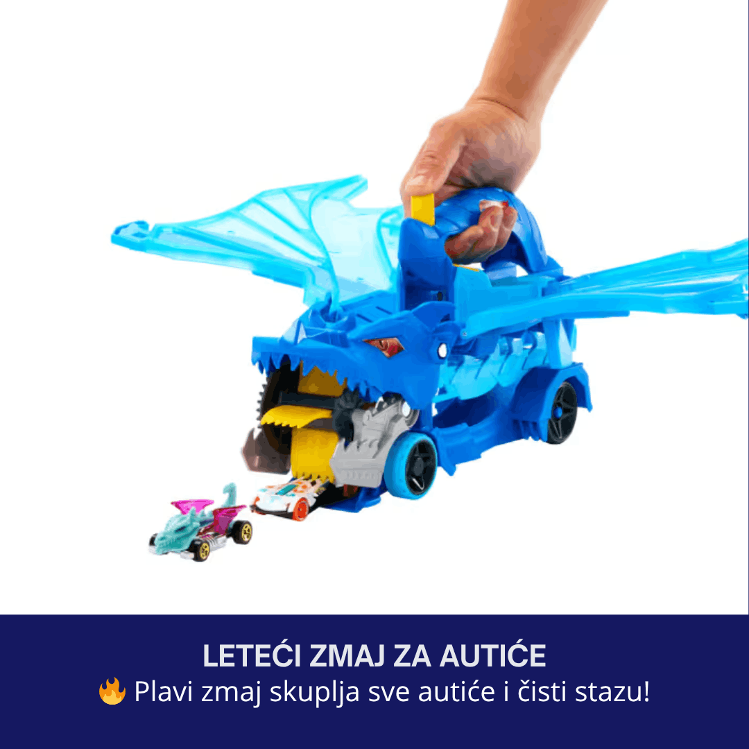 Hot Wheels Dual Dragon Transporter – staza sa zmajem, lansiranje 2 auta i skladištenje 20+ autića