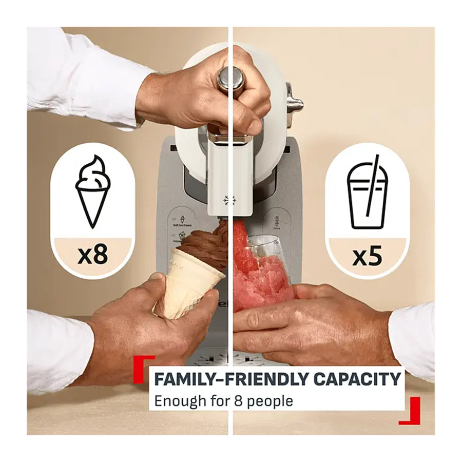 Tefal IG803AE0 aparat za sladoled Omega, 16 u 1, prikaz na slici s različitim nastavcima za pripremu sladoleda