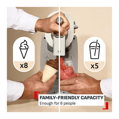Tefal IG803AE0 aparat za sladoled Omega, 16 u 1, prikaz na slici s različitim nastavcima za pripremu sladoleda