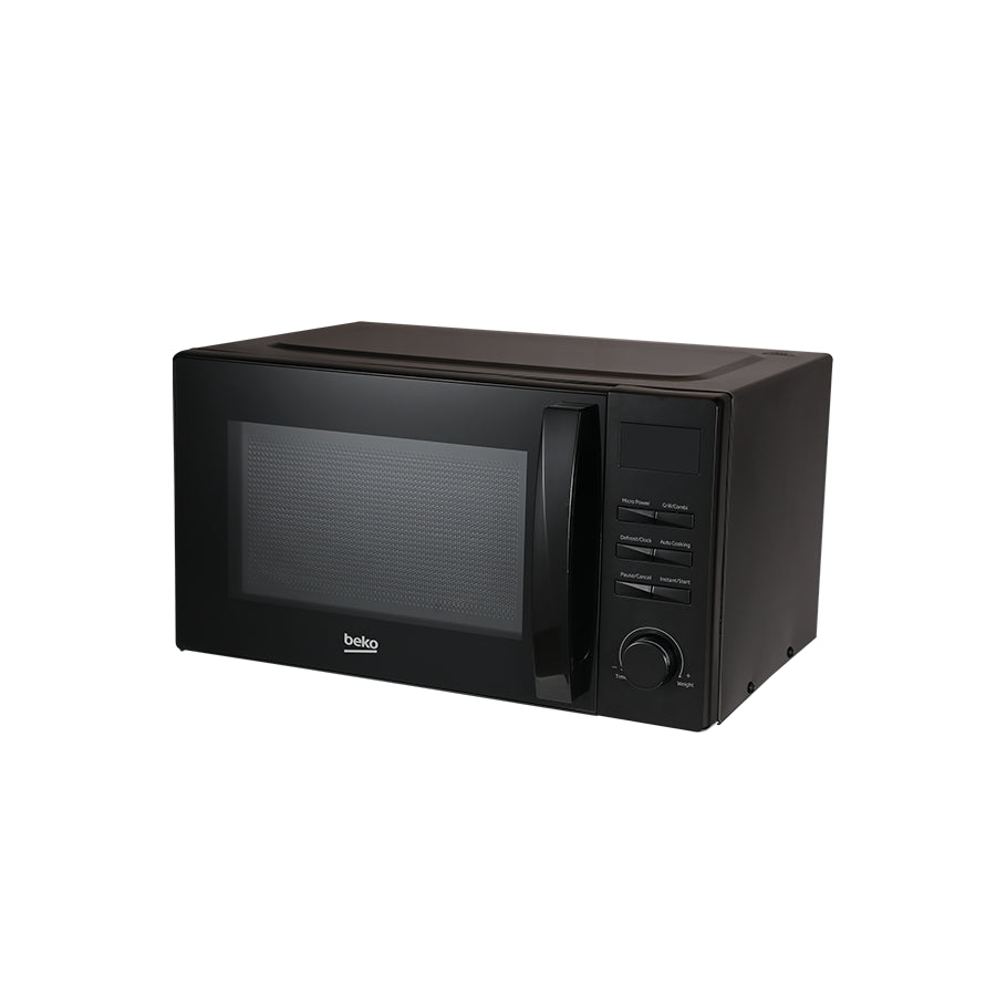 Omega Beko MGF 23210B mikrovalna pećnica s digitalnim zaslonom i plinskim upravljanjem, prikazana s unutarnjim prostorom i panelom.