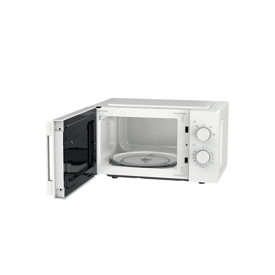 Beko MOC20100W2 bijela mikrovalna pećnica na kuhinjskoj polici, digitalnim prikazom i ručkama za otvaranje.