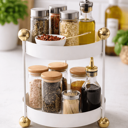 Mali metalni dvoslojni okrugli organizator 18x25 cm – bež sa zlatnim detaljima