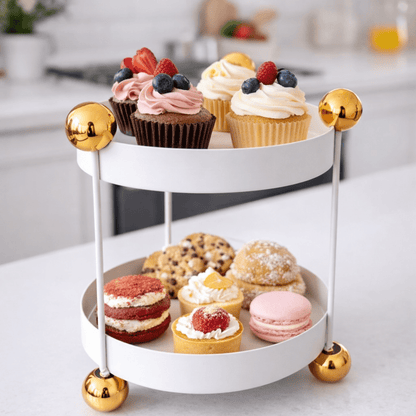 Mali metalni dvoslojni okrugli organizator 18x25 cm – bež sa zlatnim detaljima