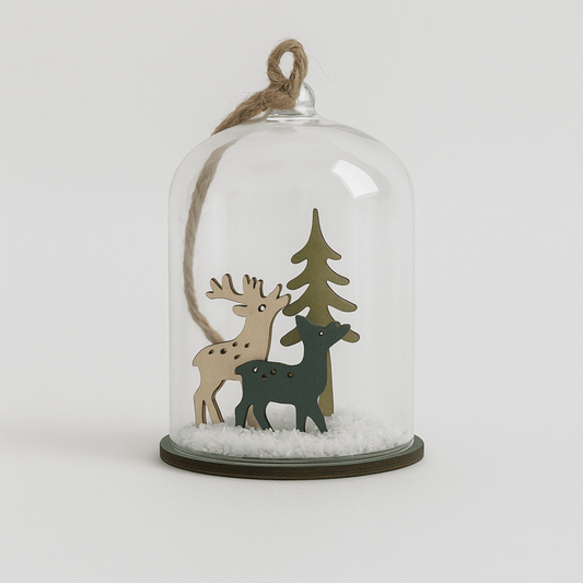 Mini dekoracija u staklenom zvonu – jelen i drvce s LED svjetlom, 7 cm