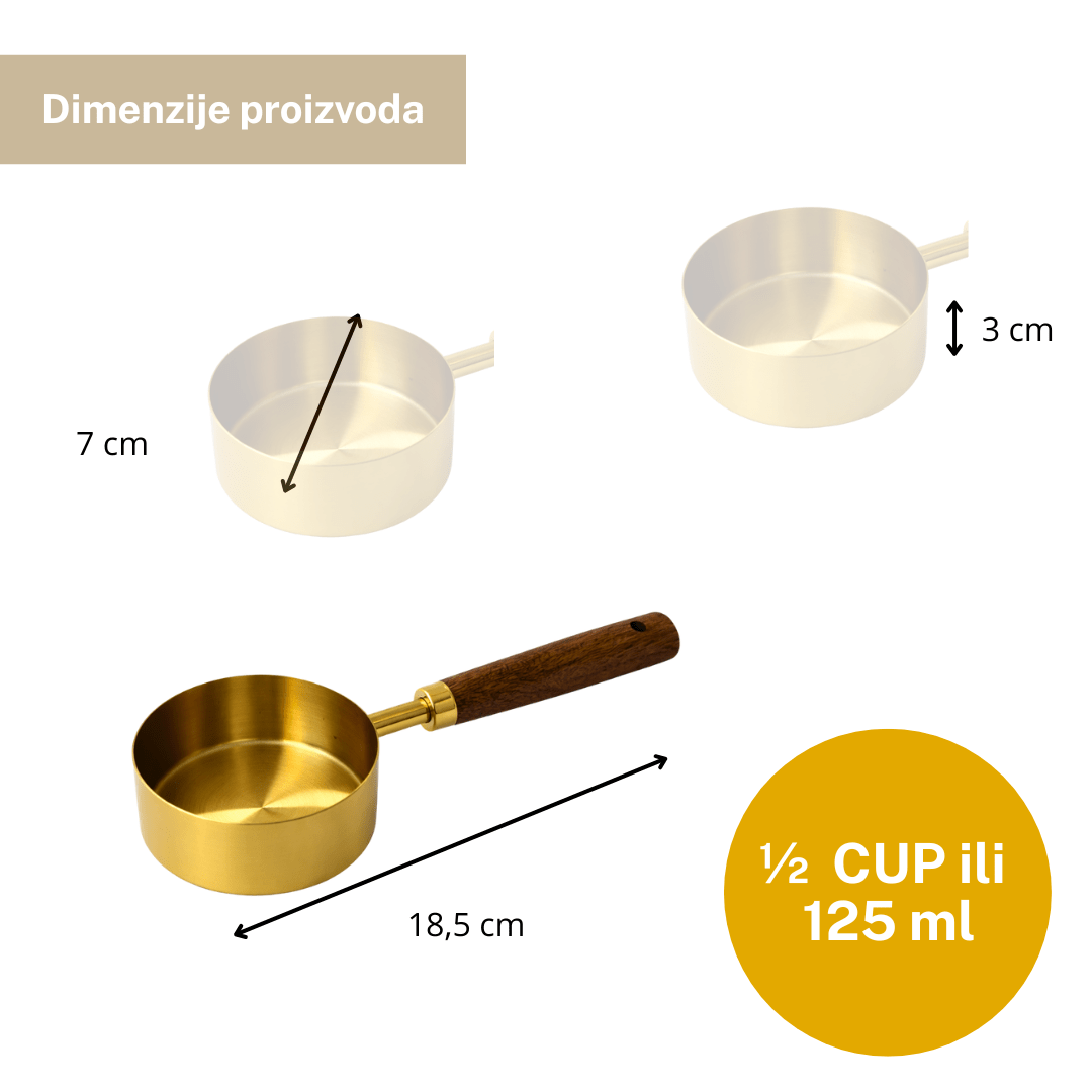 Kuhinjska mjerica 125 ml (1/2 cup) – metalna zlatna mjerna posudica s drvenom drškom, 18,5×7×3 cm
