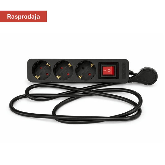 Produžni kabl s prekidačem – 3 utičnice (Schuko), crni