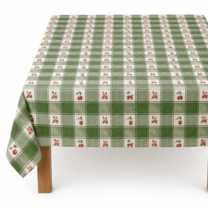 Sermat PVC mušema stolnjak Vodootporni – Zelena kocka s cvjetićima i trešnjama 140 × 180 cm