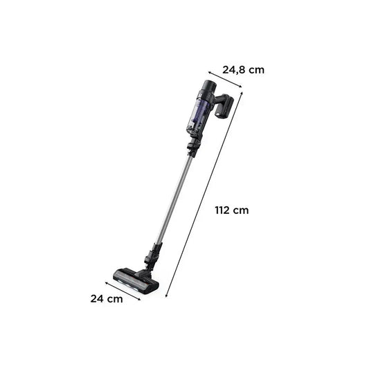 Bežični štapni usisivač Omega Rowenta RH6A35WO s crnim i sivim dizajnom, prikazan na slici.