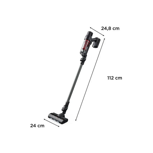 Bežični štapni usisivač Omega Rowenta RH6A75WO, prikazan na slici, s nastavcima i modernim dizajnom za čišćenje.