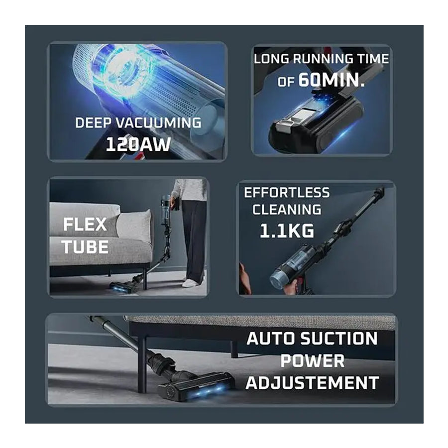 Bežični štapni usisivač Rowenta X-Force Flex 10.80 s Flex tehnologijom, prikazan na slici, Omega brend, model RH7AD5E0.