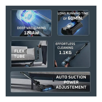 Bežični štapni usisivač Rowenta X-Force Flex 10.80 s Flex tehnologijom, prikazan na slici, Omega brend, model RH7AD5E0.