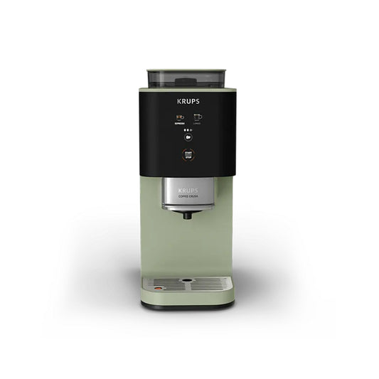 Omega Krups Coffee Crush SA401LE0 aparat za kafu s metalnom mljevenicom i modernim dizajnom, prikazan na bijeloj pozadini.