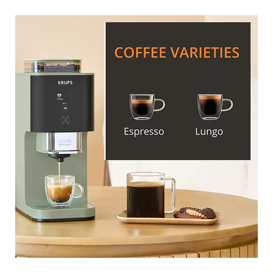Omega Krups Coffee Crush SA401LE0 aparat za kafu s crnim dizajnom i spremnikom za mljevenje kave, prikazan na slici