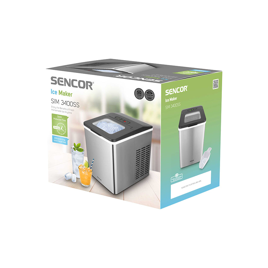 Sencor SIM 3400SS ledomat – 150 W, spremnik vode 1,8 L, do 12 kg leda dnevno
