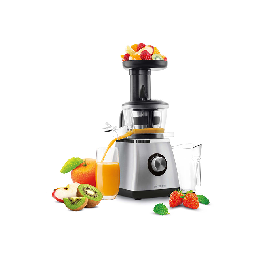 Sencor SSJ 4041BK sporni sokovnik s 400 W, 0,8 L kapaciteta i 60 o/min za svježe voće i povrće.