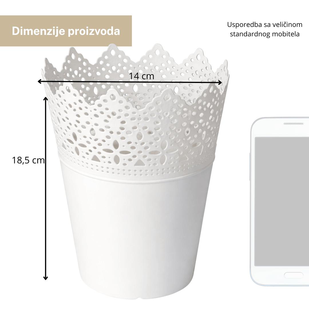 Saksija/ukrasna posuda bijela 18,5×14 cm (čipkasti rub) - pvc