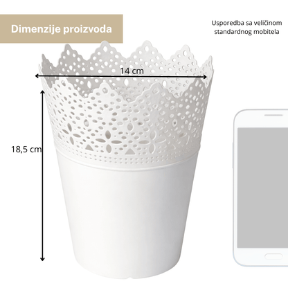 Saksija/ukrasna posuda bijela 18,5×14 cm (čipkasti rub) - pvc