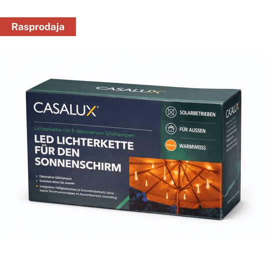 Solarne lampice za suncobran – LED lanac 8 dekorativnih sijalica, toplo bijelo (IP44)