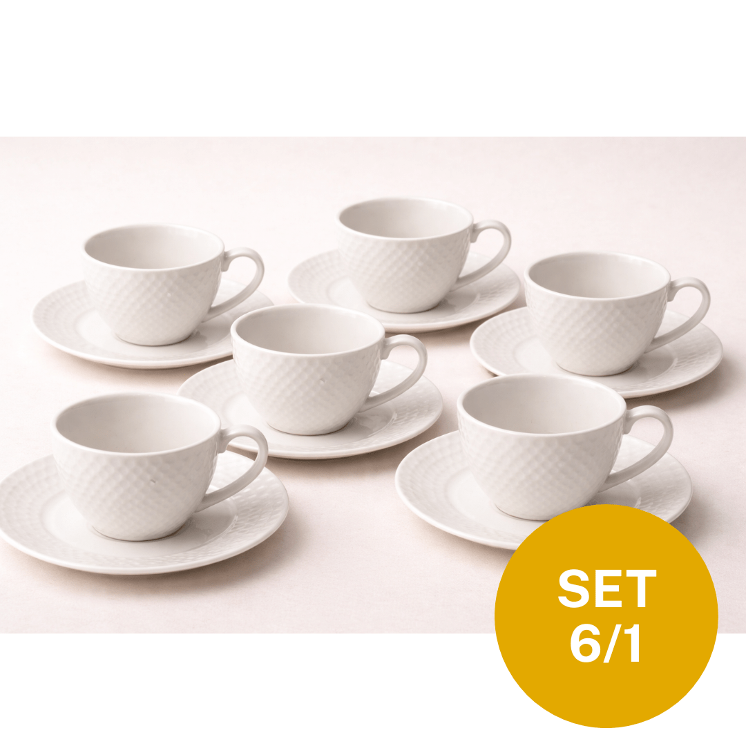 Set šoljica sa tacnama 6/1 – bijele, reljefni uzorak