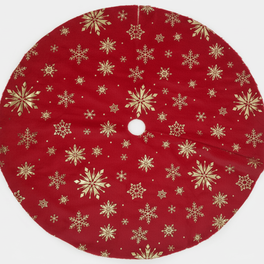 Suknja za božićno drvce – crvena sa zlatnim pahuljicama, 80 cm