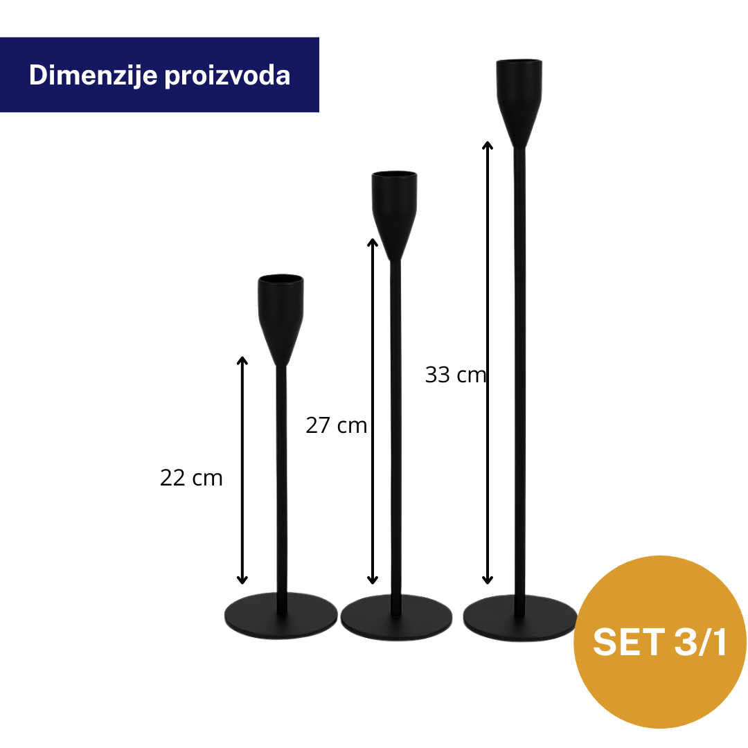 Svijećnjak set 3/1 – 33/27/22 cm, crni mat metal