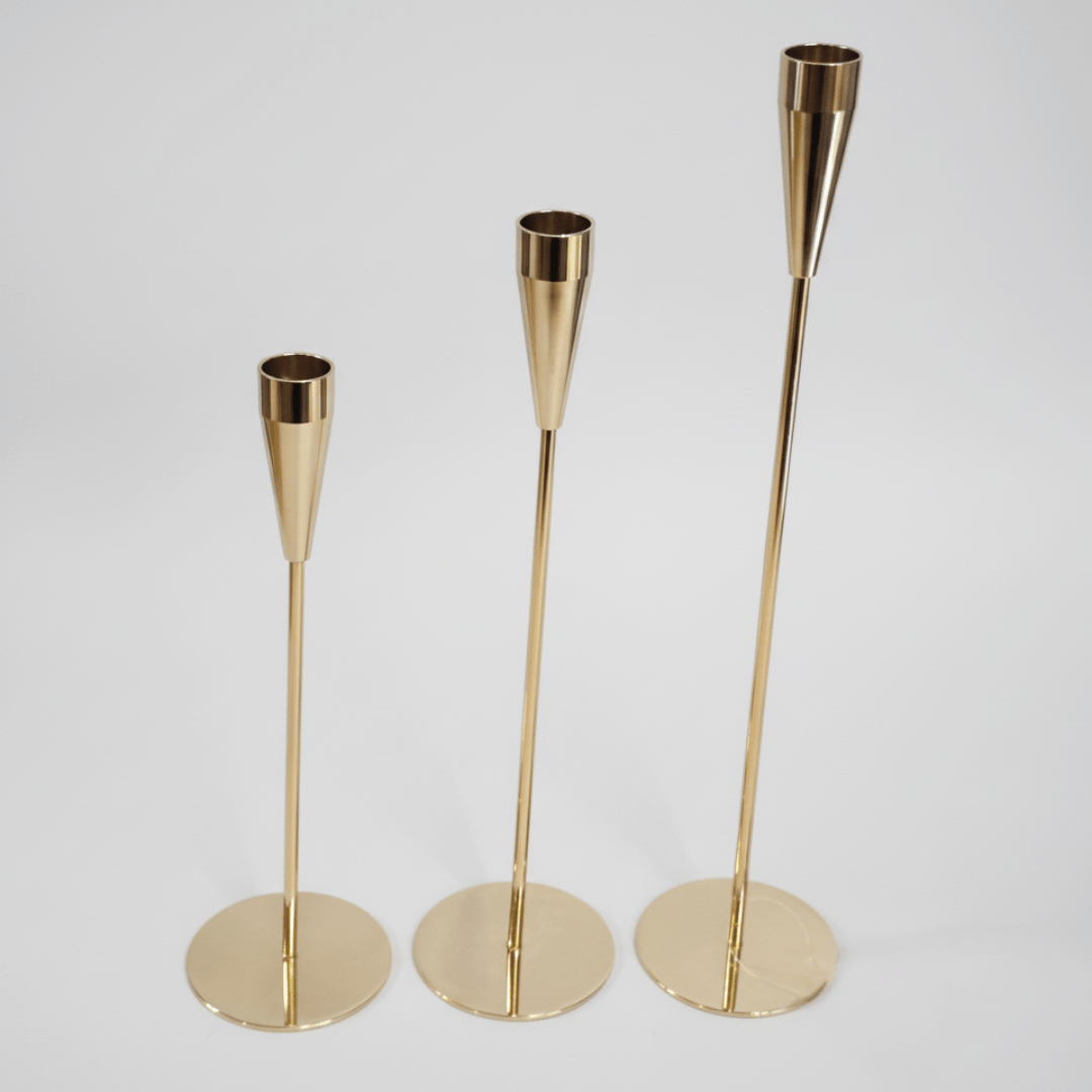 Svijećnjak set 3/1 – 35/30/25 cm, zlatni metal, moderni dizajn