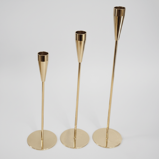 Svijećnjak set 3/1 – 35/30/25 cm, zlatni metal, moderni dizajn