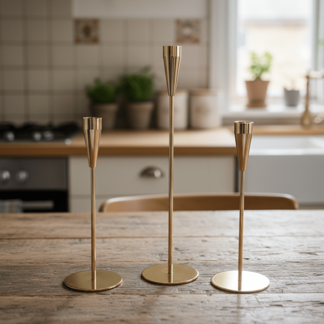 Svijećnjak set 3/1 – 35/30/25 cm, zlatni metal, moderni dizajn