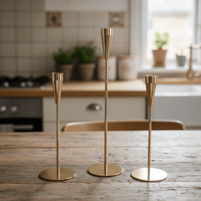 Svijećnjak set 3/1 – 35/30/25 cm, zlatni metal, moderni dizajn