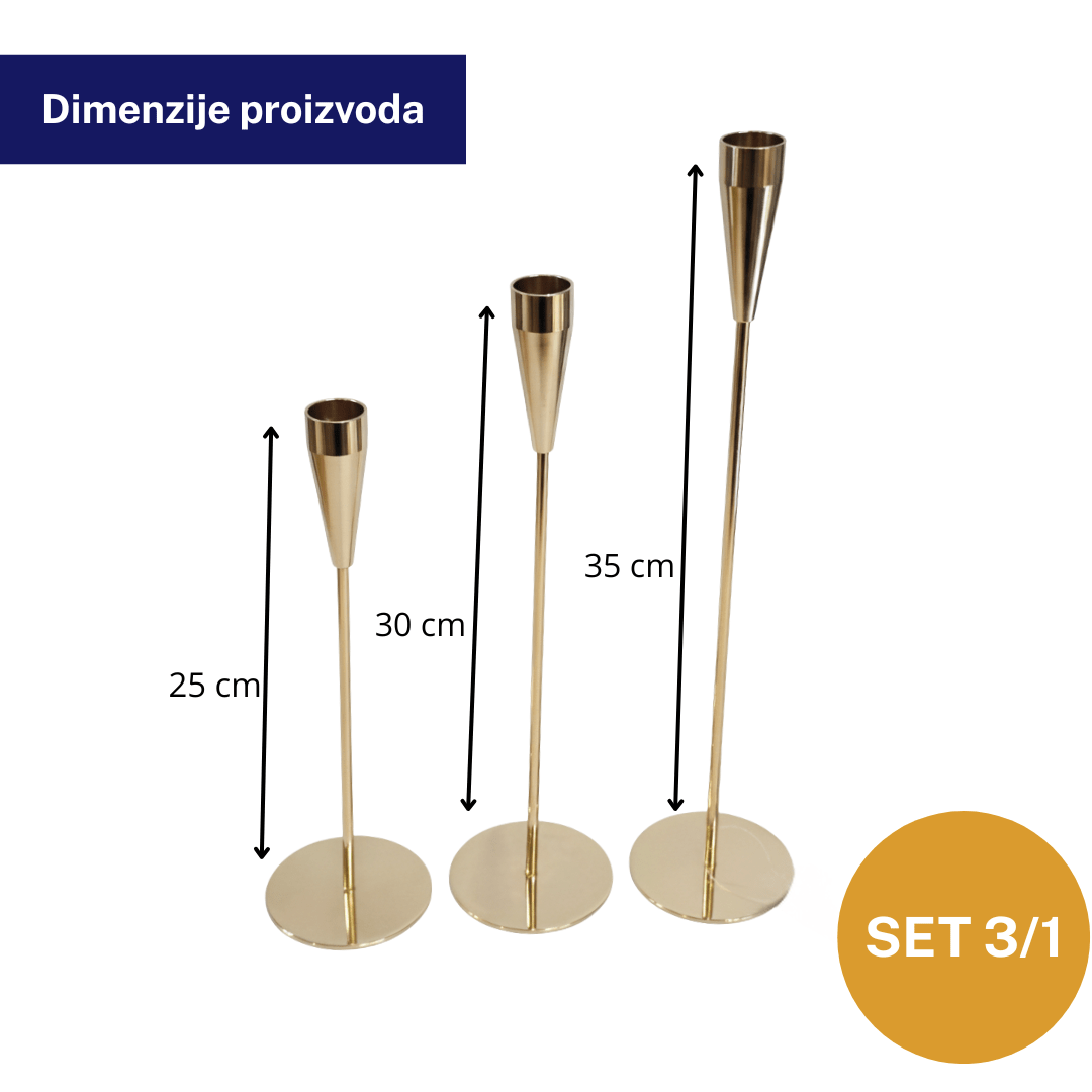 Svijećnjak set 3/1 – 35/30/25 cm, zlatni metal, moderni dizajn