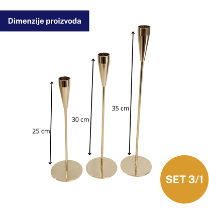 Svijećnjak set 3/1 – 35/30/25 cm, zlatni metal, moderni dizajn