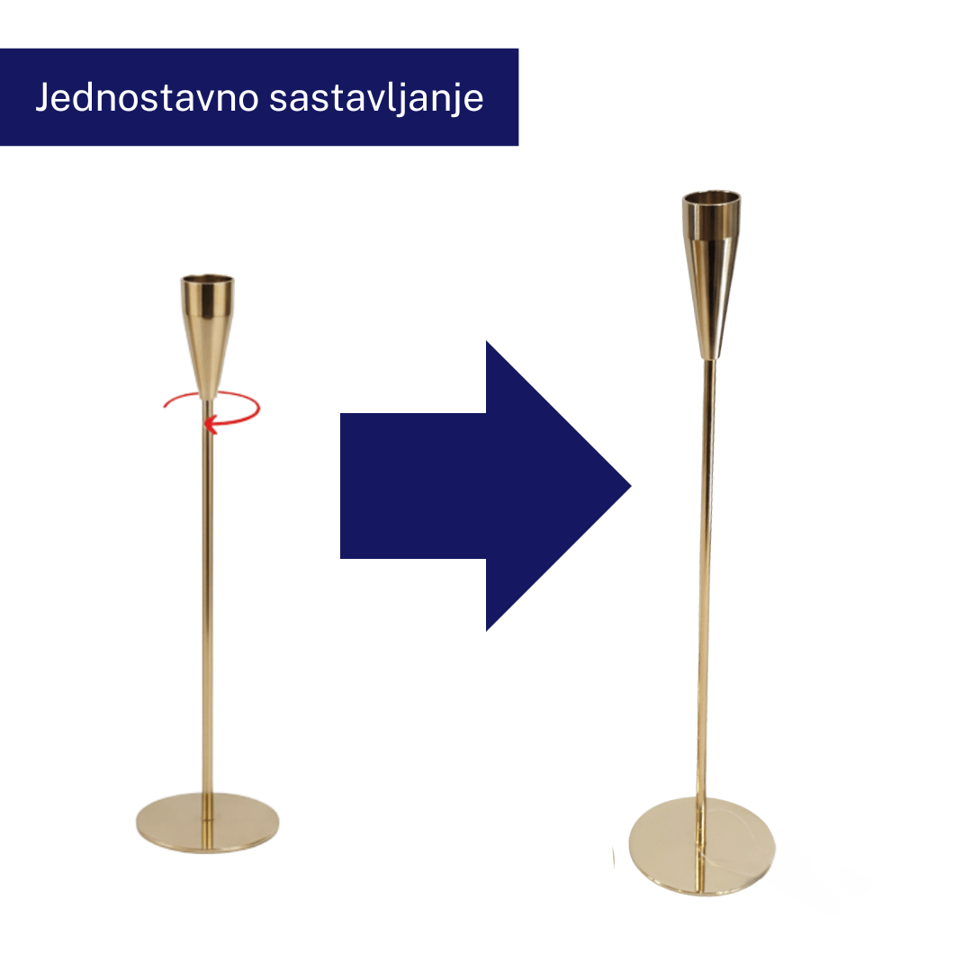 Svijećnjak set 3/1 – 35/30/25 cm, zlatni metal, moderni dizajn