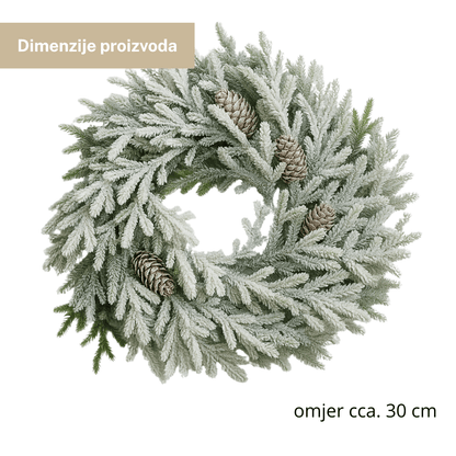 Vijenac s efektom snijega – 30 cm, borove grančice i šišarike