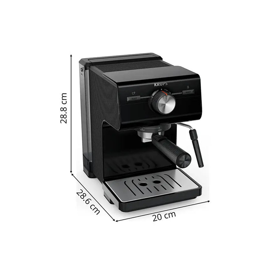 Omega Krups XP381810 aparat za espresso kafu s crnim dizajnom i kompaktnim izgledom na slici.