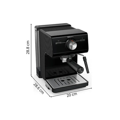 Omega Krups XP381810 aparat za espresso kafu s crnim dizajnom i kompaktnim izgledom na slici.