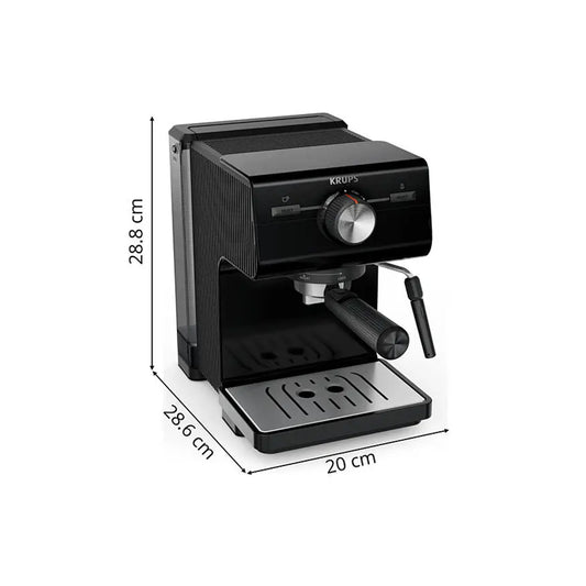 Omega Krups XP381810 aparat za espresso kafu s crnim dizajnom i kompaktnim izgledom na slici.