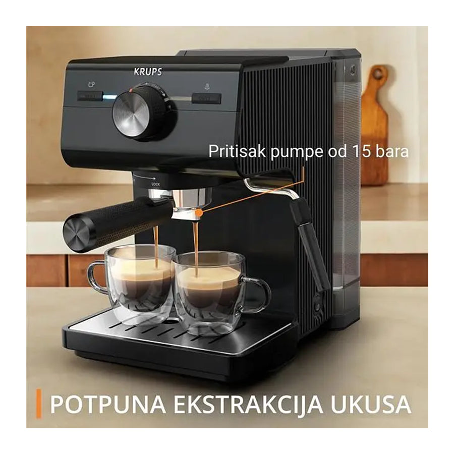 Omega Krups XP381810 aparat za espresso kafu s metalnim kućištem i kompaktnim dizajnom, prikazan na slici