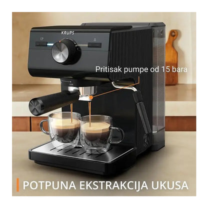 Omega Krups XP381810 aparat za espresso kafu s metalnim kućištem i kompaktnim dizajnom, prikazan na slici