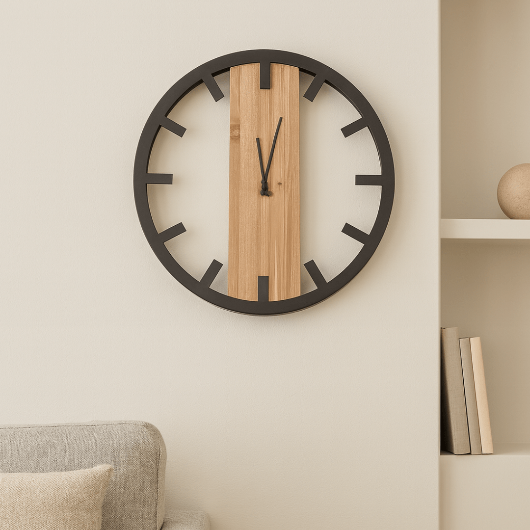 Zidni sat 50 cm– metalni crni okvir & drvena ploča, moderan minimal dizajn