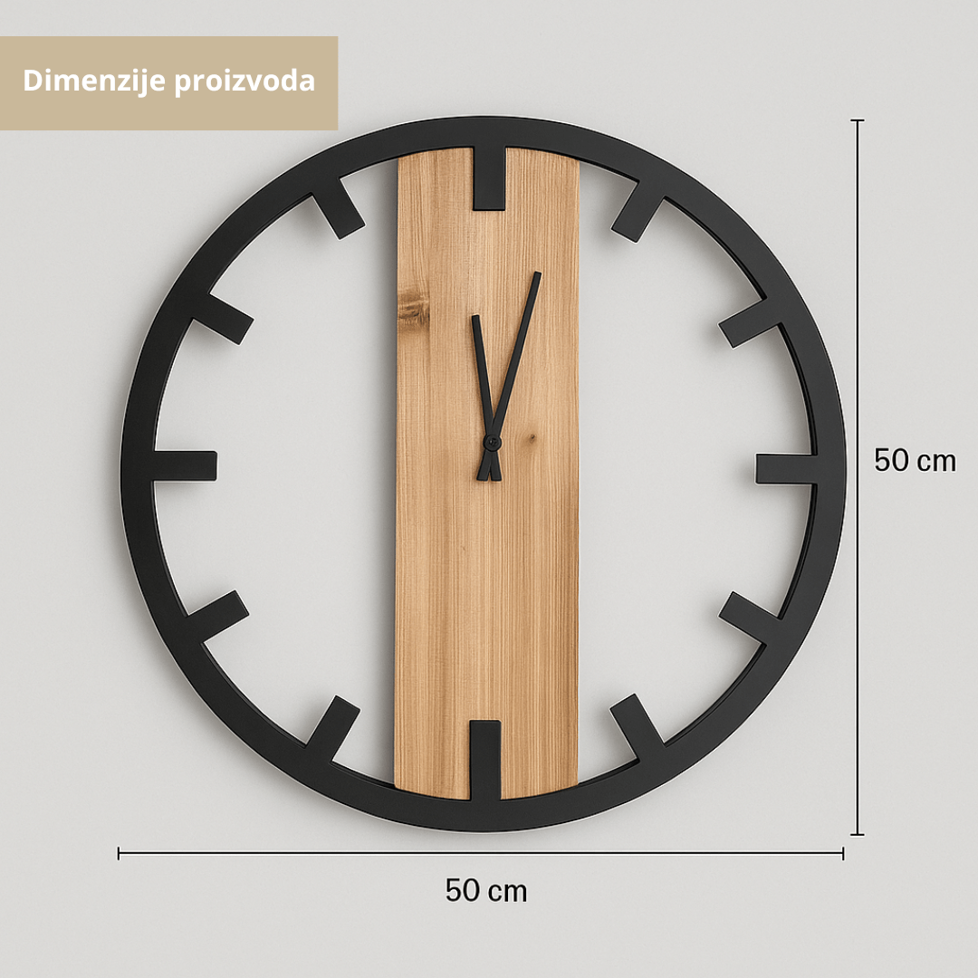 Zidni sat 50 cm– metalni crni okvir & drvena ploča, moderan minimal dizajn