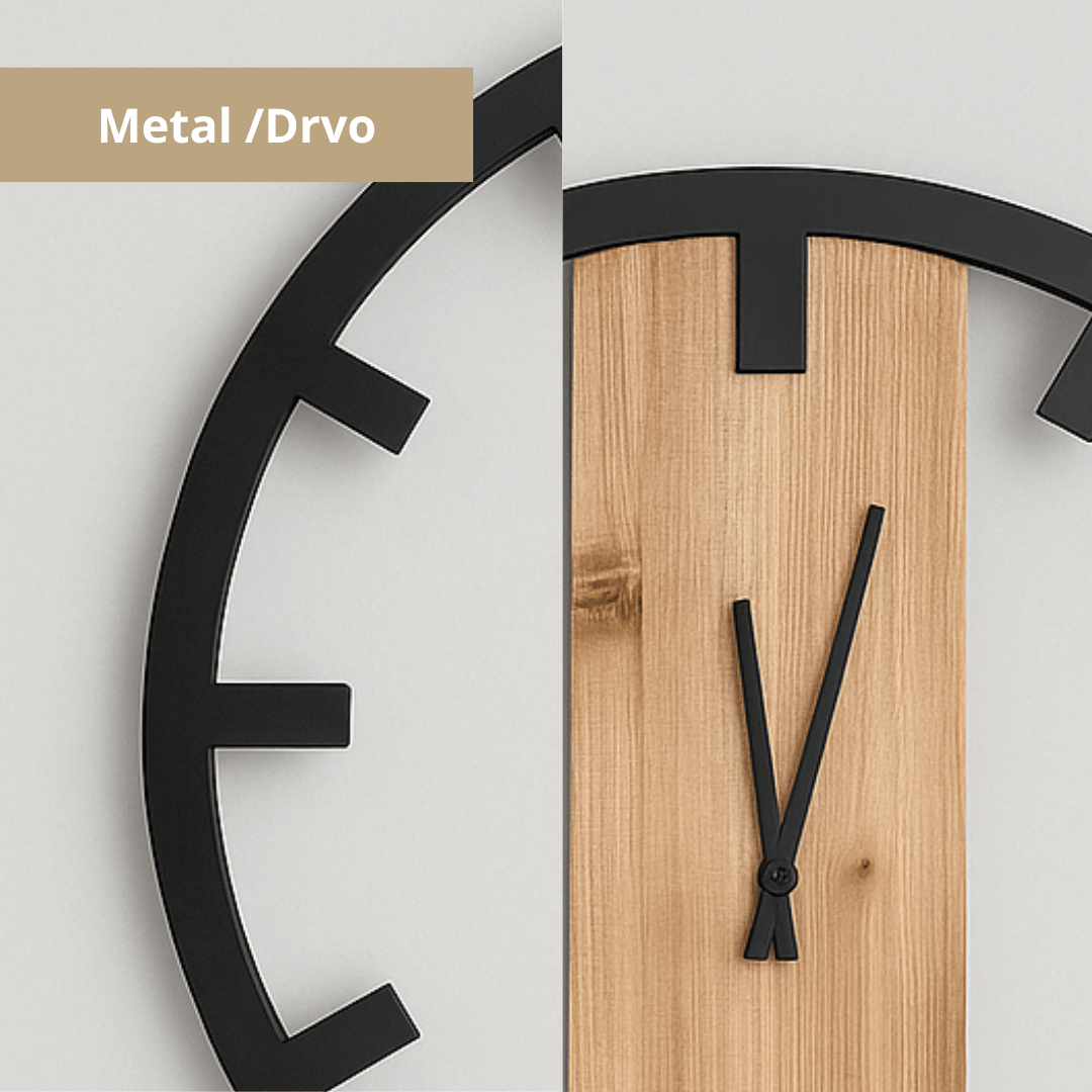 Zidni sat 50 cm– metalni crni okvir & drvena ploča, moderan minimal dizajn